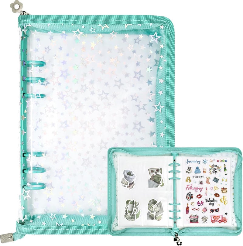 Ruatu Sticker Storage Organizer Binder A5 Sticker Collecting Book Reusable Zipper Album with Clear Laser Star Cover and Pocket Pages (Cyan) - Image 1